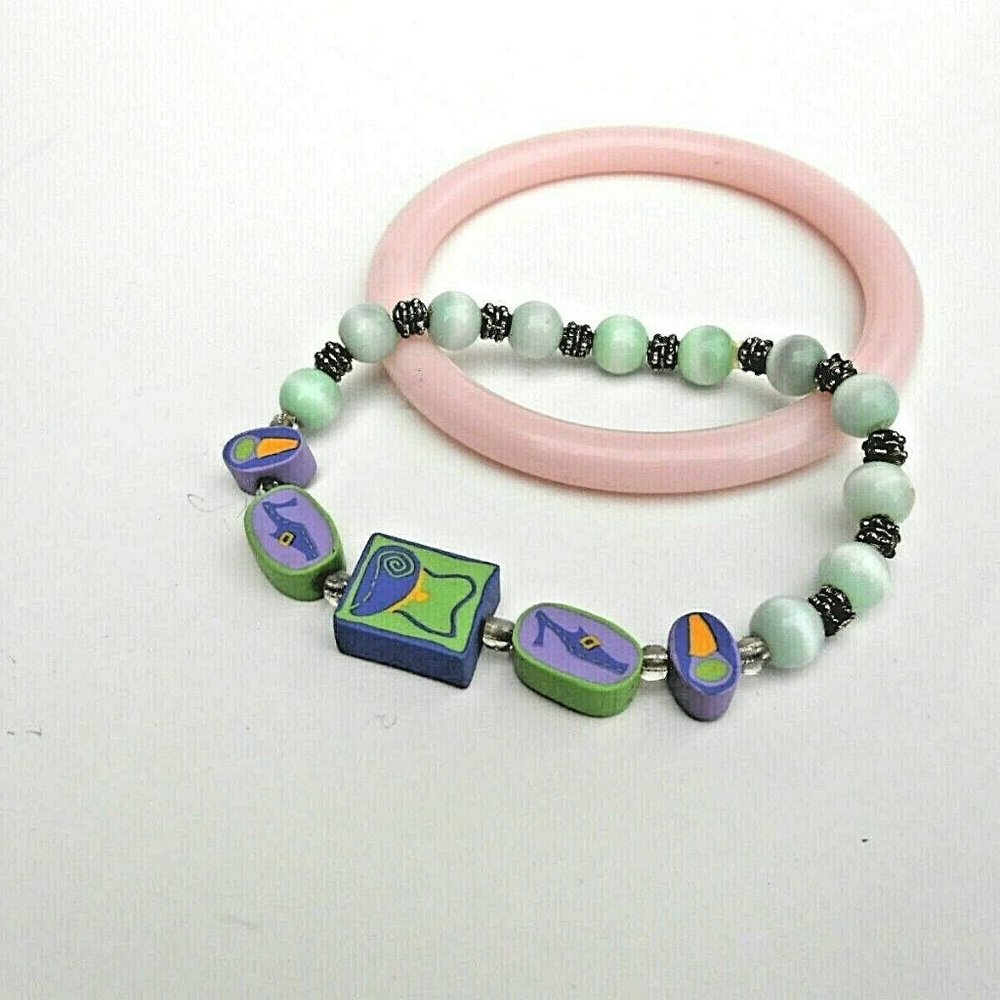 2 Pc Polymer Clay Novelty & Cats Eye Bead Stretch Bracelet + Pink Plastic Bangle
